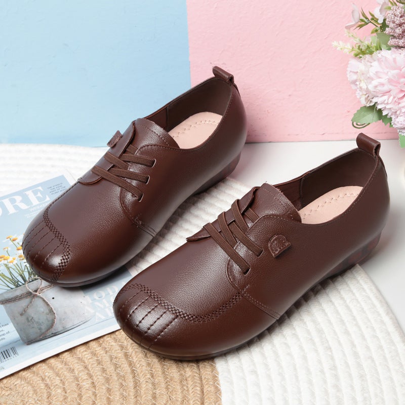 Genuine Leather Soft Bottom Mom Shoes Flat Bottom Comfortable Middle-Aged And Elderly Tendon Bottom Soft Leather Single-Layer Shoes Female Old And Grandma Shoes - Image 1