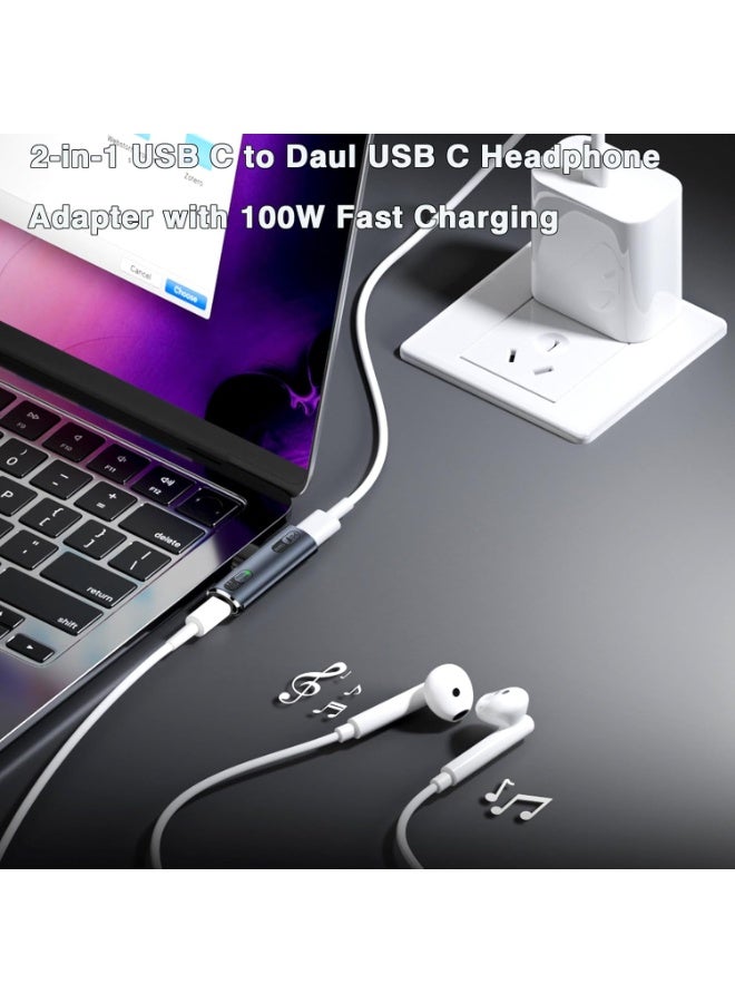 انسجام محول USB-C 2 في 1 مع شحن سريع 100 وات موزع USB-C مزدوج للسماعات والشحن متوافق مع iPhone 15/16/17 MacBook iPad Galaxy S24/S23 - Image 3
