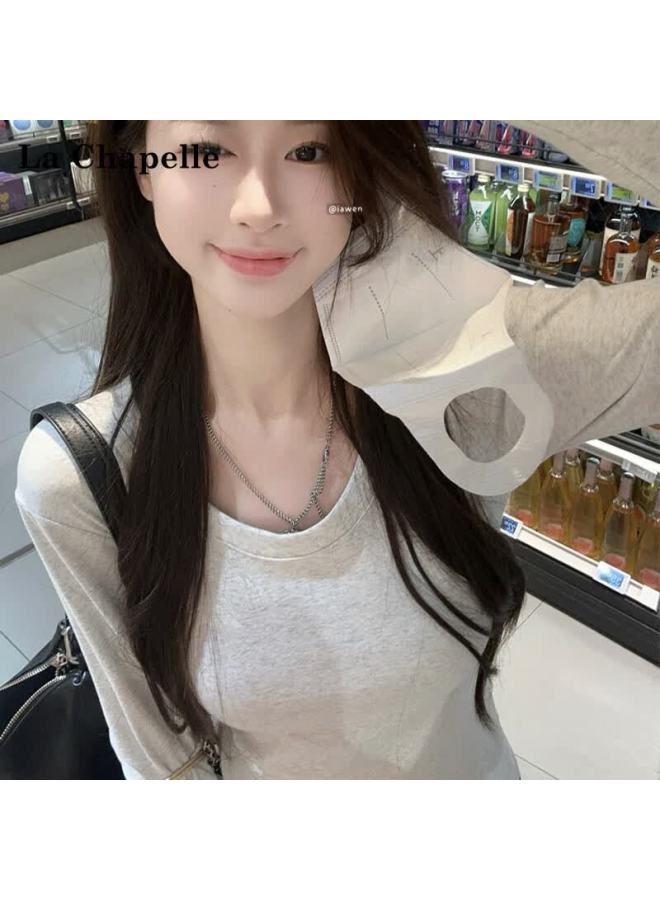 La Chapelle Spring Autumn New Round Neck Long Sleeve Slim Fit Shoulder T-shirt Base Layer Top Women Light Gray 2XL - Image 2