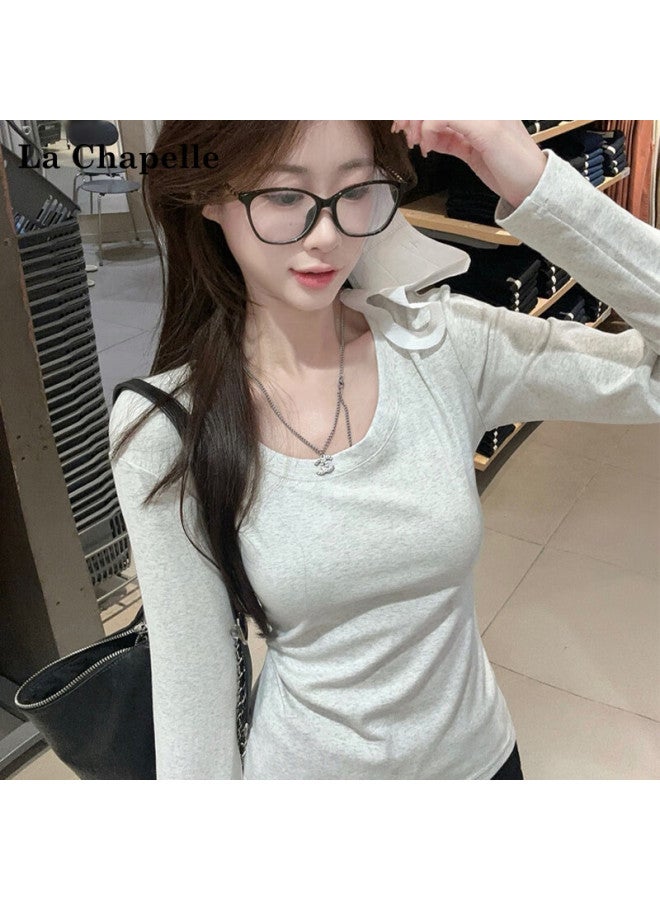 La Chapelle Spring Autumn New Round Neck Long Sleeve Slim Fit Shoulder T-shirt Base Layer Top Women Light Gray 2XL - Image 1