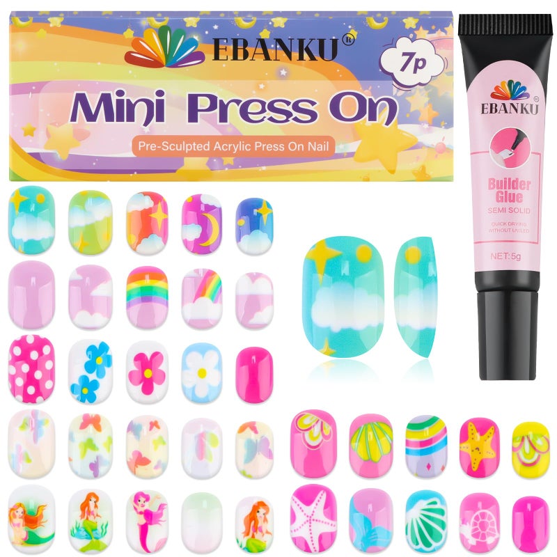 EBANKU 168 Pieces Press on Nails for Kids, EBANKU 7 Pack Kid Fake Nail Kit Summer Shells Butterfly Press on Nails for Girls 6-12 Years with Nail Glue - Image 1