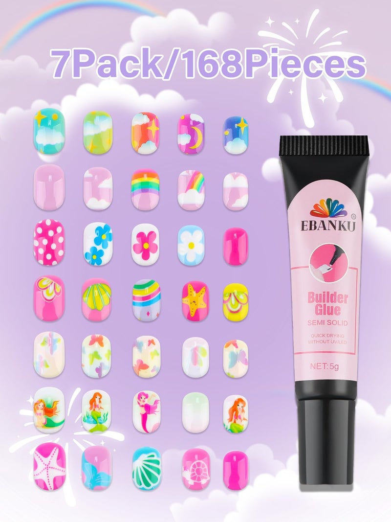 EBANKU 168 Pieces Press on Nails for Kids, EBANKU 7 Pack Kid Fake Nail Kit Summer Shells Butterfly Press on Nails for Girls 6-12 Years with Nail Glue - Image 3