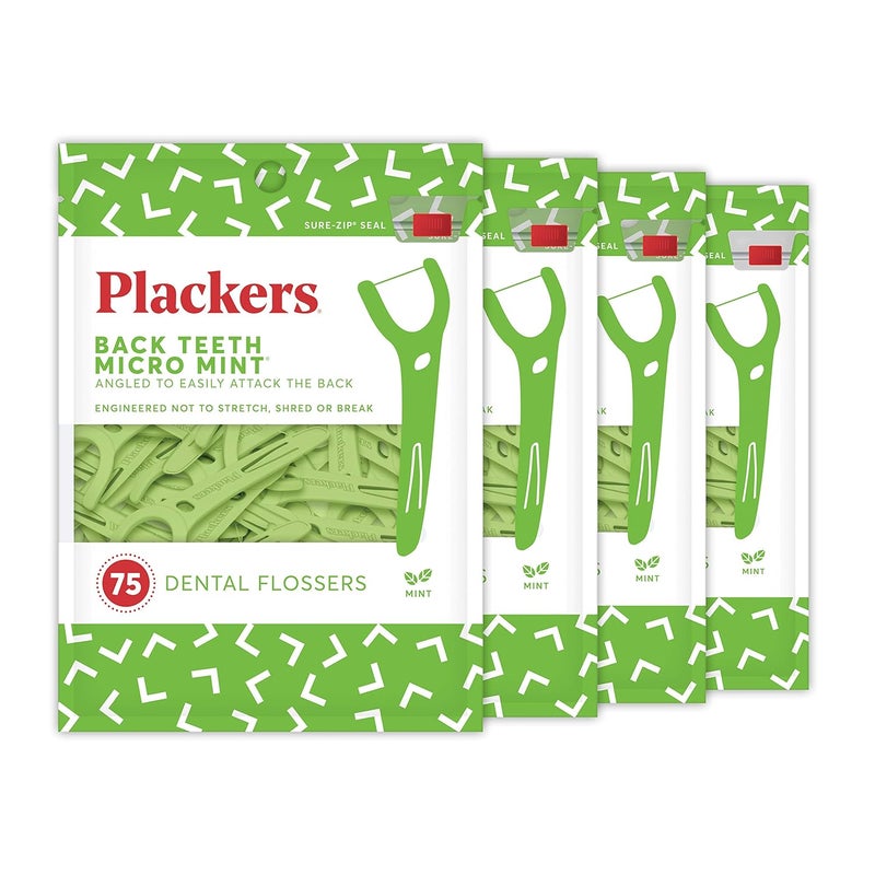 Plackers Back Teeth Micro Mint Dental Flossers, Delicious Mint Flavor, Provides Easy Access for Back Teeth, Built-in Protected Pick, Easy Storage, 75 Count, Pack of 4 - Image 1