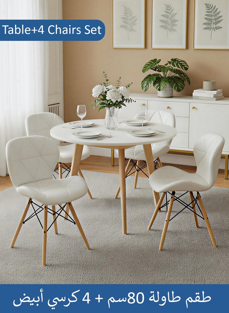 Taimi 5-Piece Dining Table Set - Round Dining Table with Elegant Design 4 Chairs, White Wooden Table 80x70cm with 4 White Faux Leather-Upholstered Chairs with Wooden Legs - Image 1