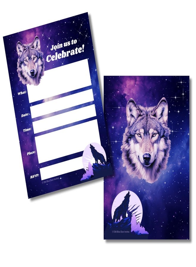 أولد بلو دور إنفايتس دعوات لحفلة عيد ميلاد مستوحاة من مجرة الذئاب (20 دعوة مع أظرف) - إعلانات لجميع المناسبات - ذئاب تعوي عند القمر - دعوات للأطفال والكبار، املأ الفراغات - Image 2