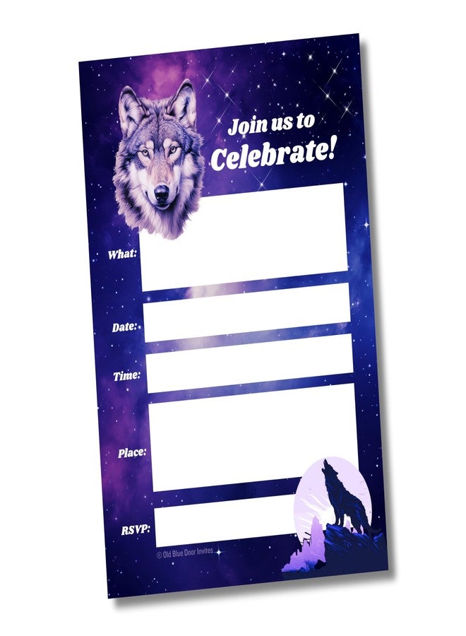 أولد بلو دور إنفايتس دعوات لحفلة عيد ميلاد مستوحاة من مجرة الذئاب (20 دعوة مع أظرف) - إعلانات لجميع المناسبات - ذئاب تعوي عند القمر - دعوات للأطفال والكبار، املأ الفراغات - Image 3