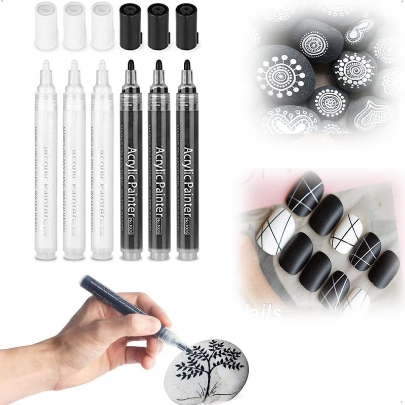 X spring Black White Paint Pens, 6 Pack Acrylic Black White Permanent Markers, Acrylic Paint Pens For Rock Painting, Wood, Metal, Stone, Ceramic, Glass, Graffiti, Paper, Drawing - Image 1