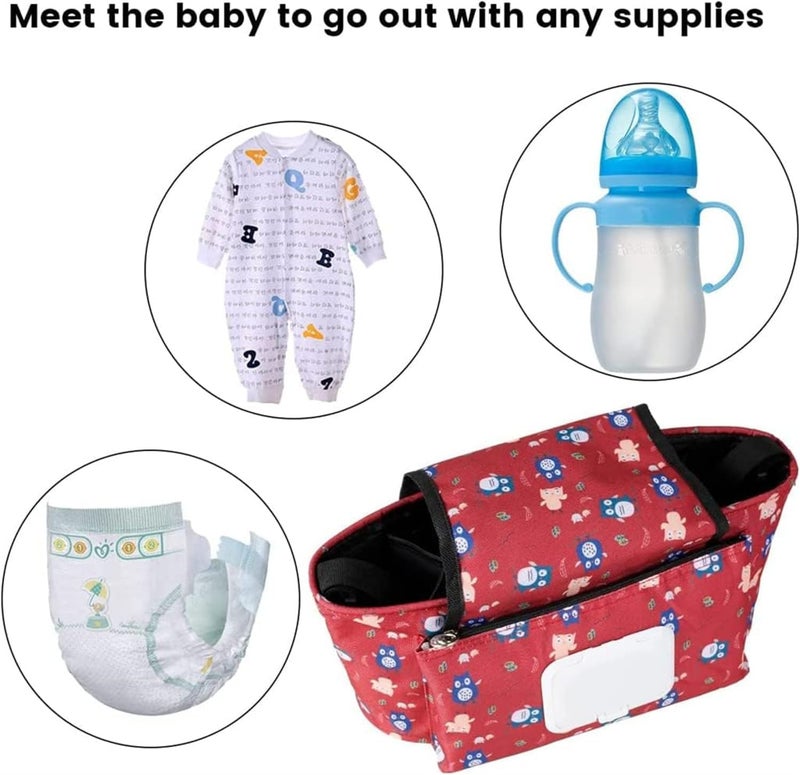 حقيبة تخزين محمولة لعربة الأطفال مزودة بحقيبة تعليق مقاومة للماء لزجاجات الحليب ومحافظ الهواتف المحمولة للطلاب ، نمط البومة الحمراء - Image 3