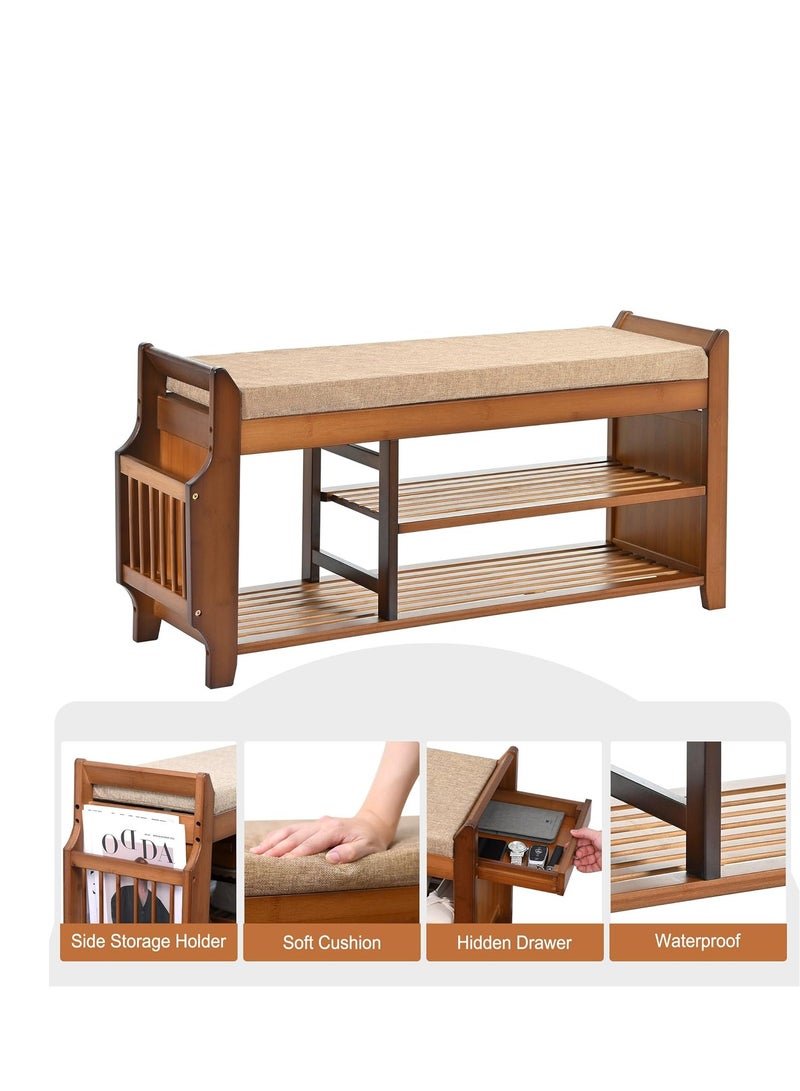 Generic 2 Tier Shoe Rack Bench and Side Holder, Shoe Storage Box Organizer for Entryway Hallway Living Room, Bamboo shoes cabinet with seat  - Image 5