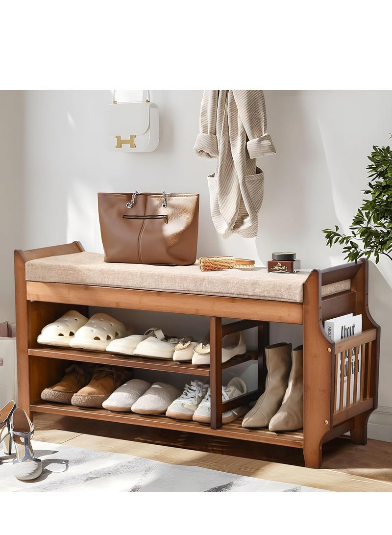 Generic 2 Tier Shoe Rack Bench and Side Holder, Shoe Storage Box Organizer for Entryway Hallway Living Room, Bamboo shoes cabinet with seat  - Image 1
