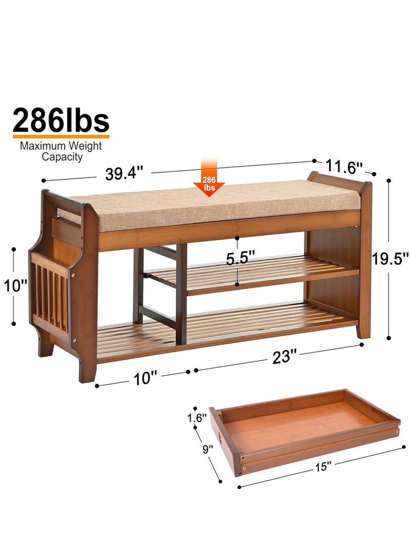 Generic 2 Tier Shoe Rack Bench and Side Holder, Shoe Storage Box Organizer for Entryway Hallway Living Room, Bamboo shoes cabinet with seat  - Image 2