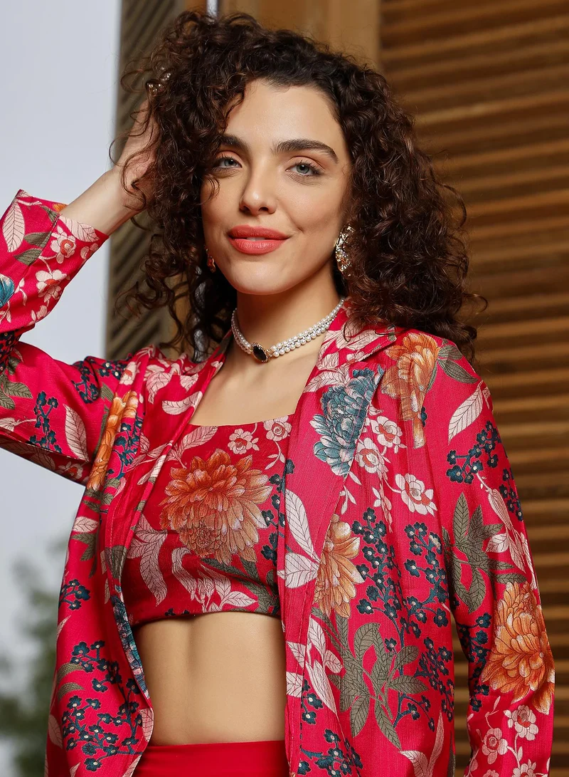 QISSA Women's Crimson Red Botanica Flared Co-Ord Set
