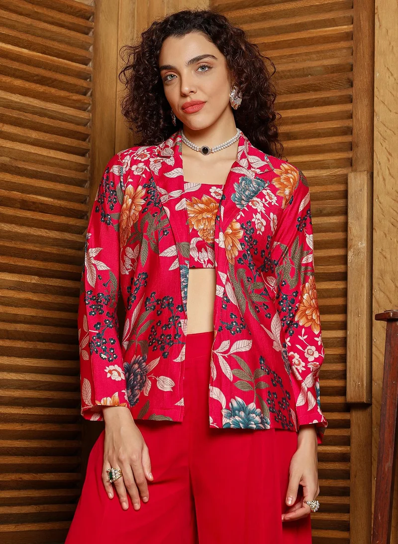 QISSA Women's Crimson Red Botanica Flared Co-Ord Set