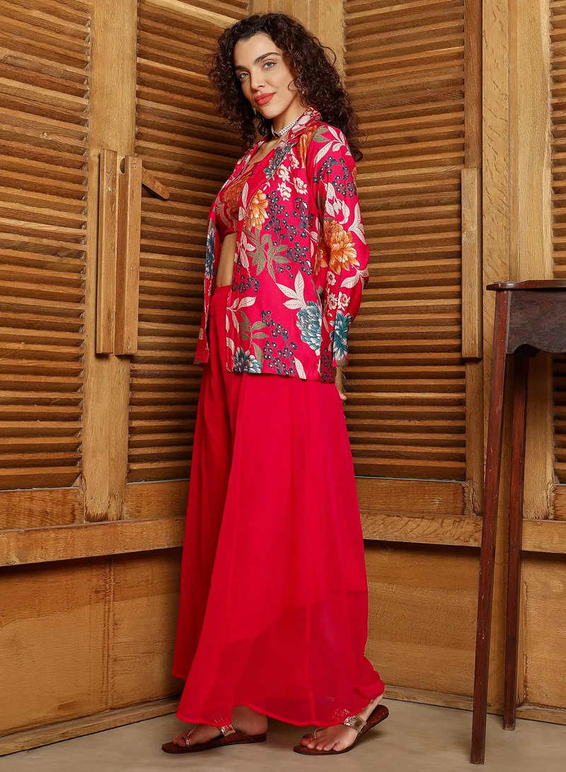QISSA Women's Crimson Red Botanica Flared Co-Ord Set