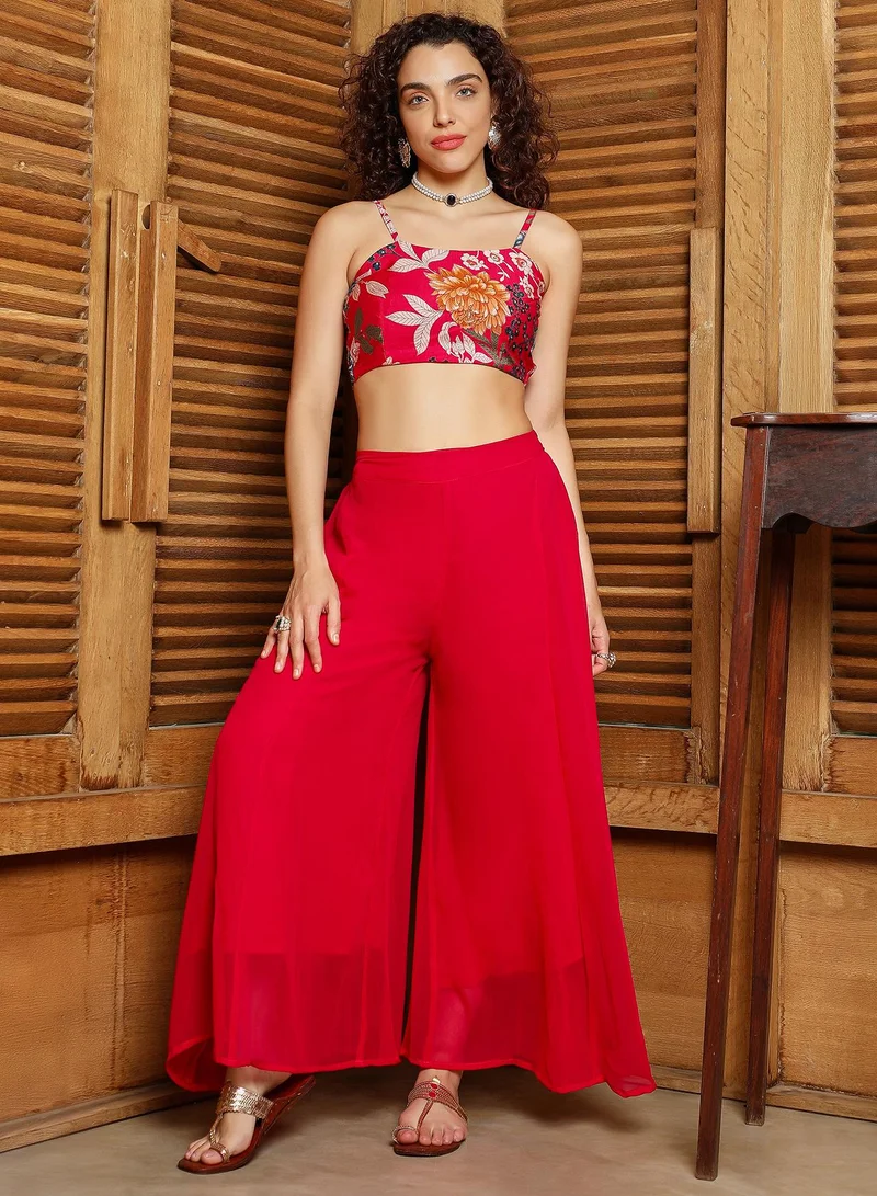 QISSA Women's Crimson Red Botanica Flared Co-Ord Set