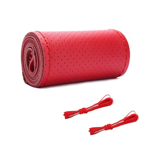 Augeny Genuine Leather Steering Wheel Cover Breathable AntiSlip Car Steering Wheel Protector Stitch on Wrap for Max Diameter 15 Inch DIY Sewing with Needle Thread Full Hole Red - Image 1