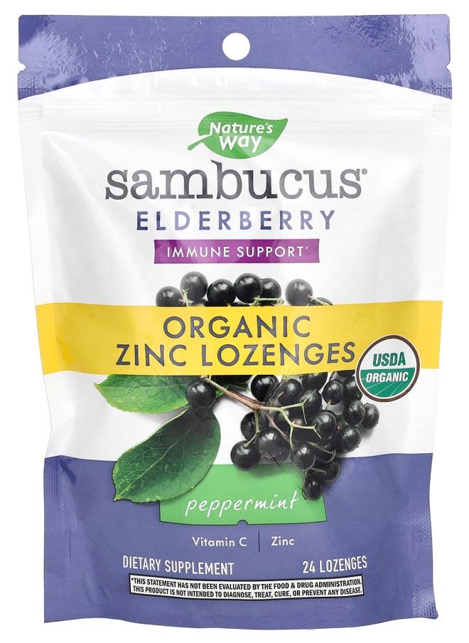 Nature's Sambucus Elderberry Organic Zinc Lozenges Peppermint 24 Lozenges 