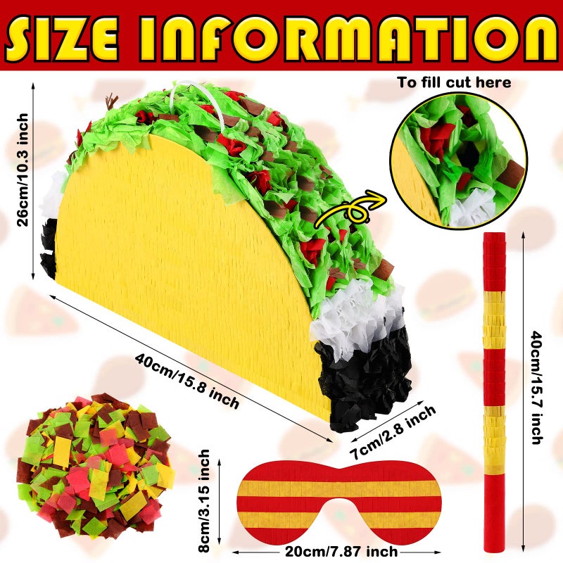 Civaner Mini Taco Piata Mexican Decorations Taco Party Supplies Fiesta Cinco De Mayo Party Decorations with Wooden Stick Paper Blindfold Confetti Set for Adults Girls and Boys 158x 103 x 28 Inch - Image 3