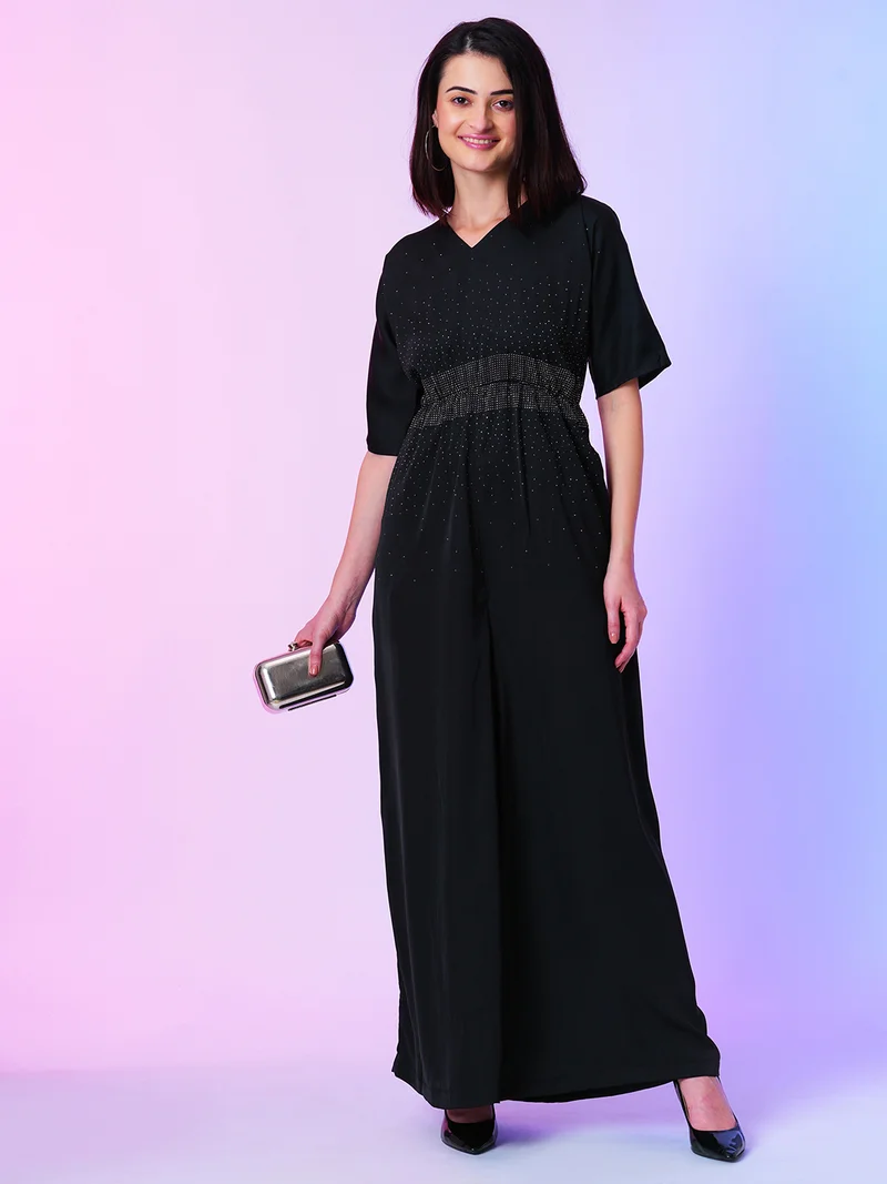 globus Women Black Stone Detail Wide-Leg Party Jumpsuit