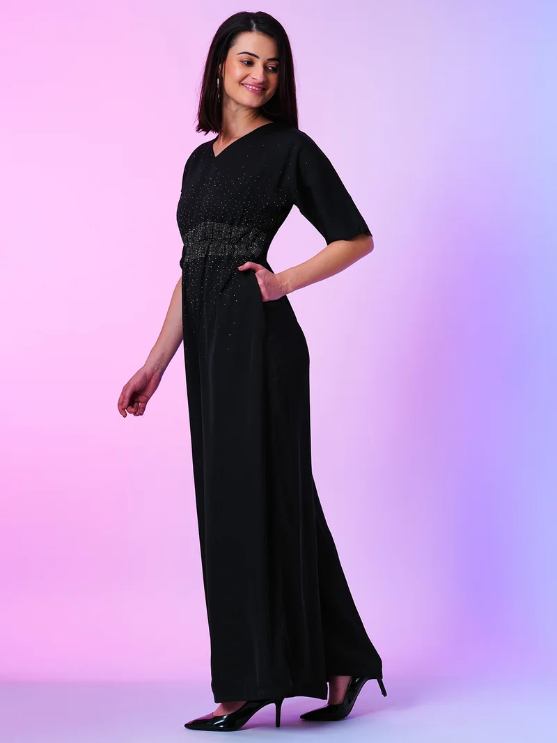 globus Women Black Stone Detail Wide-Leg Party Jumpsuit
