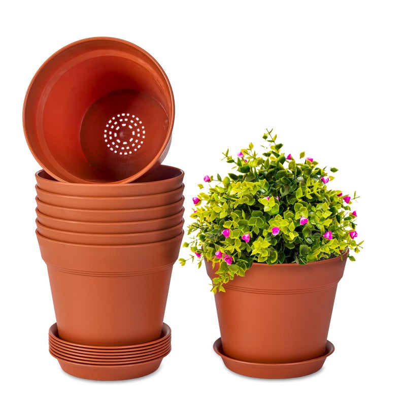 homenote Plant Pots,7.5 Inch Flower Pots for Plants Plastic Planters for Indoor with Multiple Drainage Holes and Trays, for All Home Garden Flowers Succulents,Outdoor(T8 Pack) - Image 1