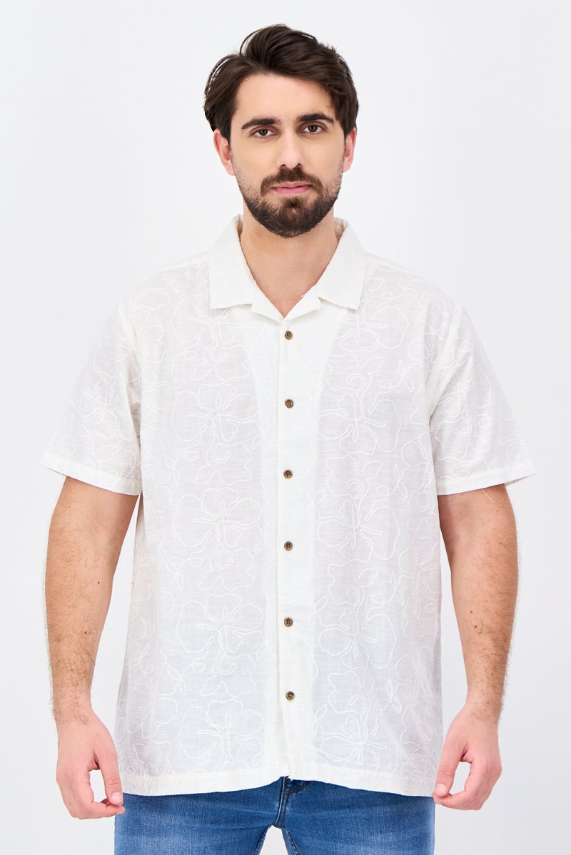 Threadbare قميص رجالي عادي مزخرف بأكمام قصيرة، أبيض - Image 1
