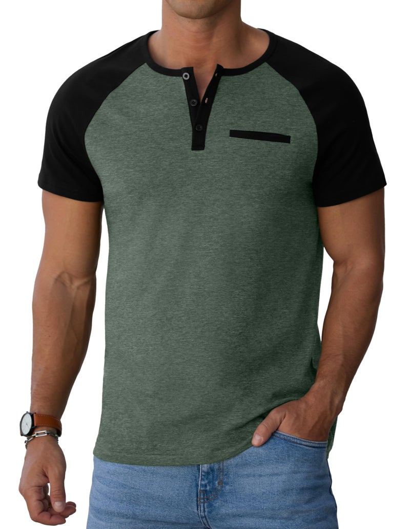 Sailwind Henley Shirts for Men Short Sleeve Casual Summer Collarless Tee Basic T-Shirts Shirts Fashion Button Top with Pocket Green Black - Image 2
