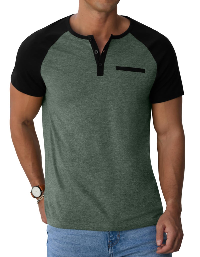 Sailwind Henley Shirts for Men Short Sleeve Casual Summer Collarless Tee Basic T-Shirts Shirts Fashion Button Top with Pocket Green Black - Image 3