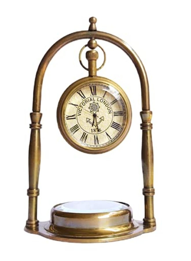 Ridhi Home Décor-Brass Desk Clock with Compass with Antique Victoria London Pocket Watch - Image 1
