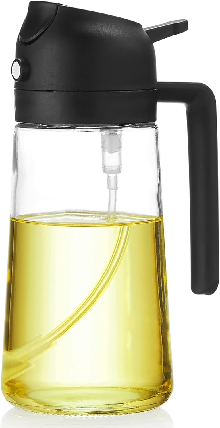 Unbreakable Oil Sprayer for Cooking - 16 OZ Dishwasher-Safe Oil Dispenser Bottle, 2-in-1 Spray & Pour for Olive Oil, Avocado Oil, Vinegar, Soy Sauce, Easy Clean with Removable Lid(Black) - Image 1