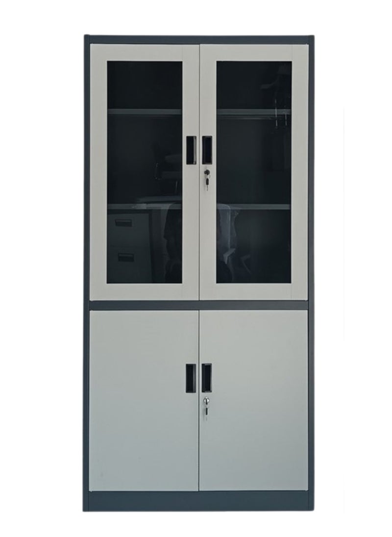KARNAK Steel Office File Cabinet Lockable Secure Metal Storage With 4 Doors Shelves And Glass Upper Doors For Home And Office Grey Black  - Image 1