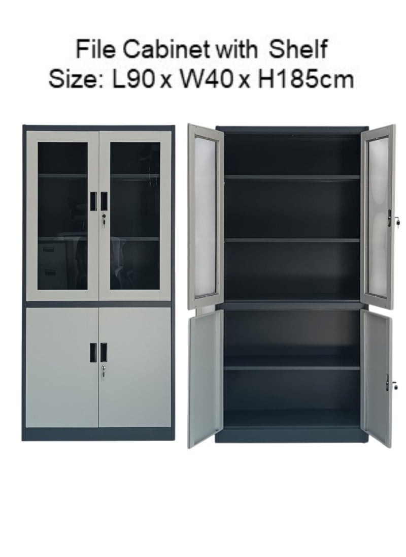 KARNAK Steel Office File Cabinet Lockable Secure Metal Storage With 4 Doors Shelves And Glass Upper Doors For Home And Office Grey Black  - Image 2