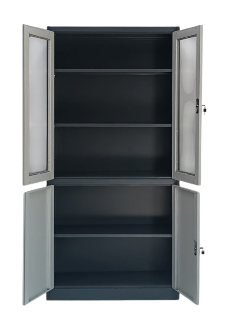 KARNAK Steel Office File Cabinet Lockable Secure Metal Storage With 4 Doors Shelves And Glass Upper Doors For Home And Office Grey Black  - Image 3