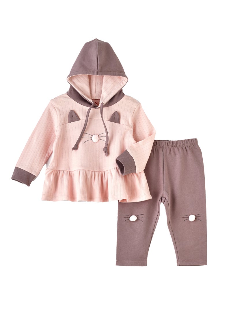Elegant Kids - Girls Pink Cat Hoodie and Leggings Set - Image 1