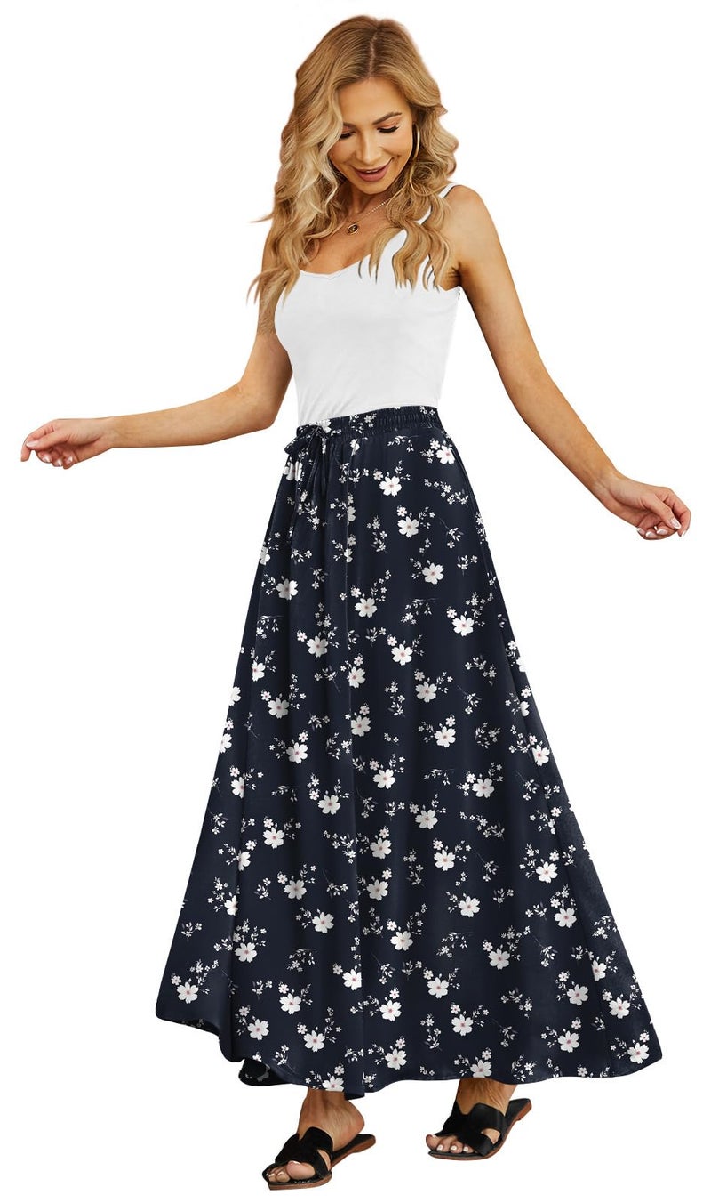 Yincro Women's Flowy Maxi Skirt Summer Pleated High Waisted Casual Long Skirts with Pockets (White Ditsy Floral, L) - Image 1