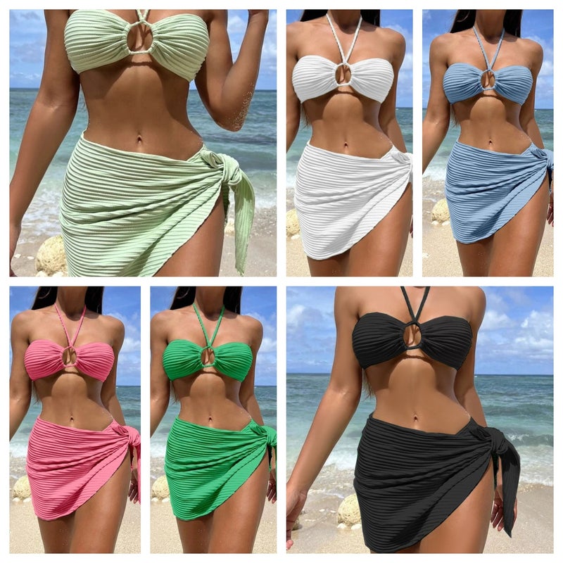 بيكيني مكون من ثلاث قطع للنساء مع دعم للصدر بلون موحد - Image 2
