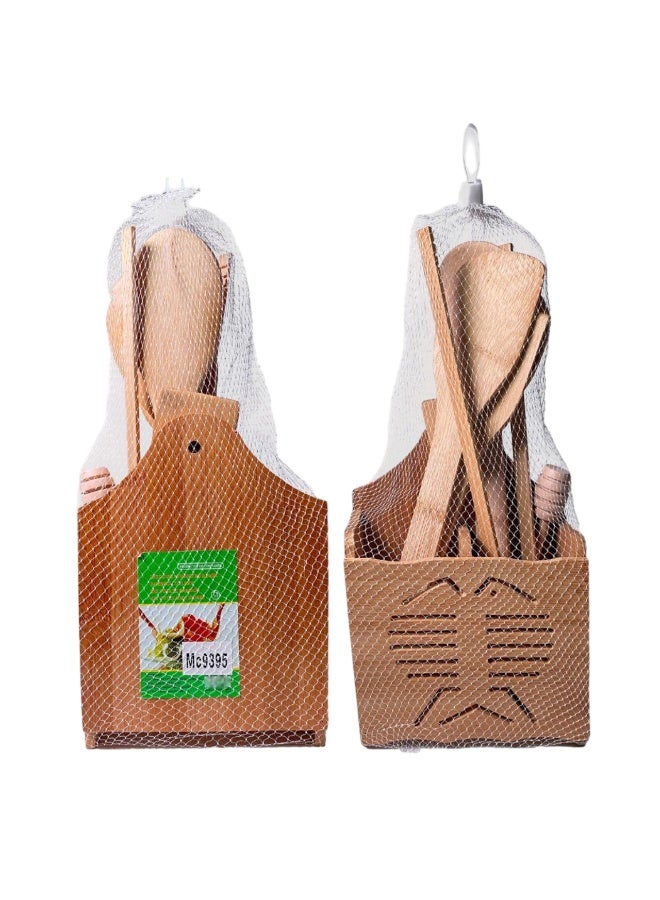 مجموعة أدوات مطبخ خشبية مع حامل - تتضمن ملاعق وملعقة مسطحة للطهي والتحريك، بتصميم أنيق مقاوم للحرارة الطبيعية، مثالية للطهي والتقديم اليومي