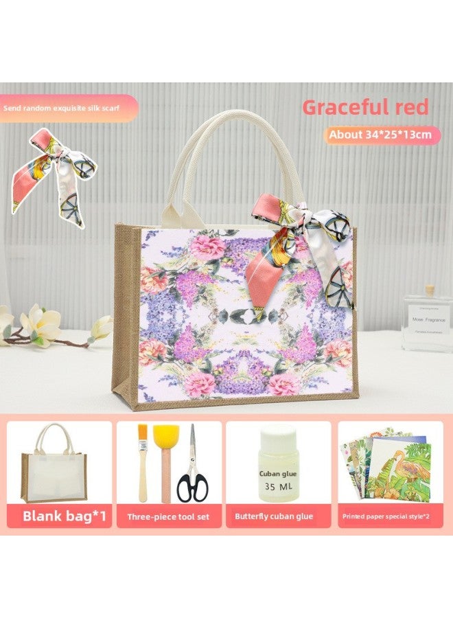Thanksgiving Diy Handmade Butterfly Ancient Bart Canvas Tote Bag Sack Paste Group Building Parent-child Material Bag Warm-up Field-Color:Butterfly Cuban Clay Purple Red Material Pack + Large Burlap Bag Horizontal Style  - Image 1
