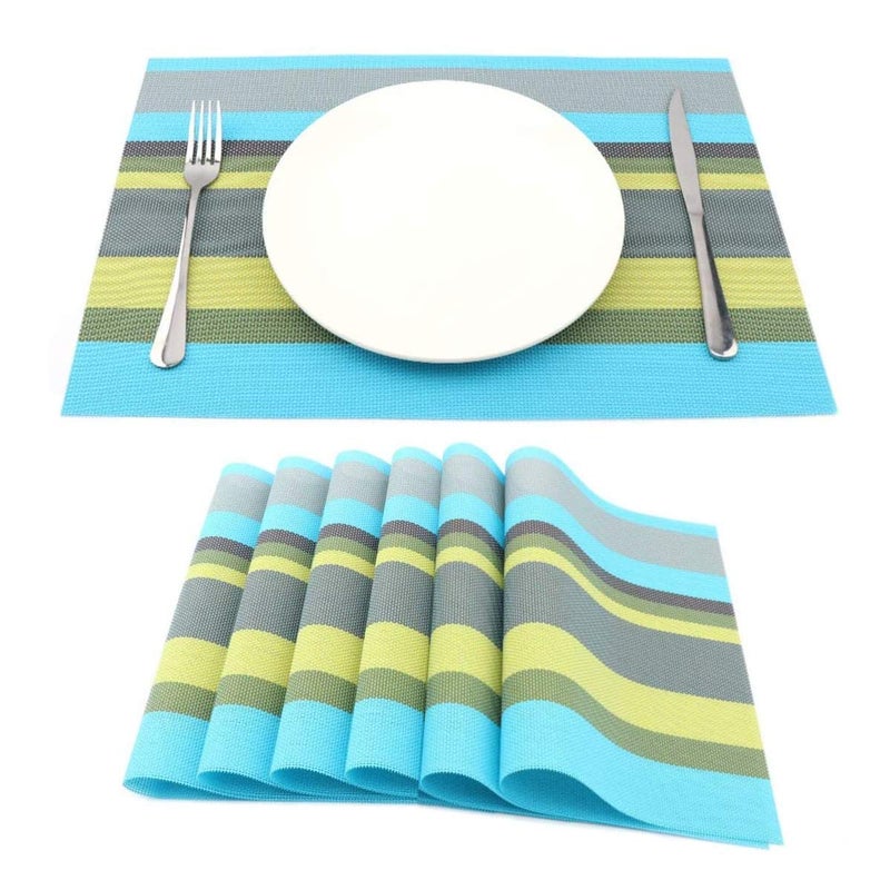pepplo® Placemats Set of 6 for Dining Table Heat-Resistant Washable Place Mats Woven Vinyl Kitchen Table Mats Easy to Clean, Multicolor-Bluegreen (PLC09C6) - Image 1