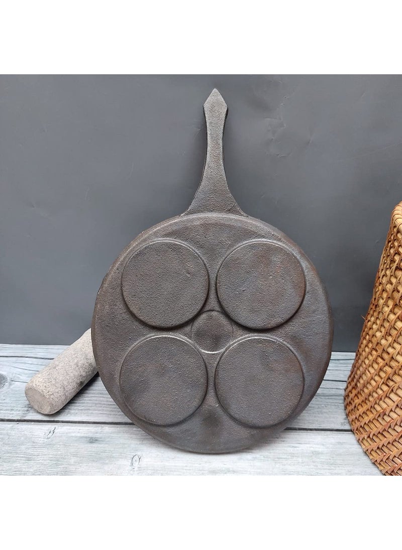 Zishta Zishta Cast Iron Mini Uttapam Pan Non Stick PreSeasoned Cast Iron Pan Uthappam Dosa Tawa Cast Iron Dosa Tawa Uthappam Pan with 4 Cavities and Handle Pancake Maker Naturally Non Stick Cookware  - Image 3
