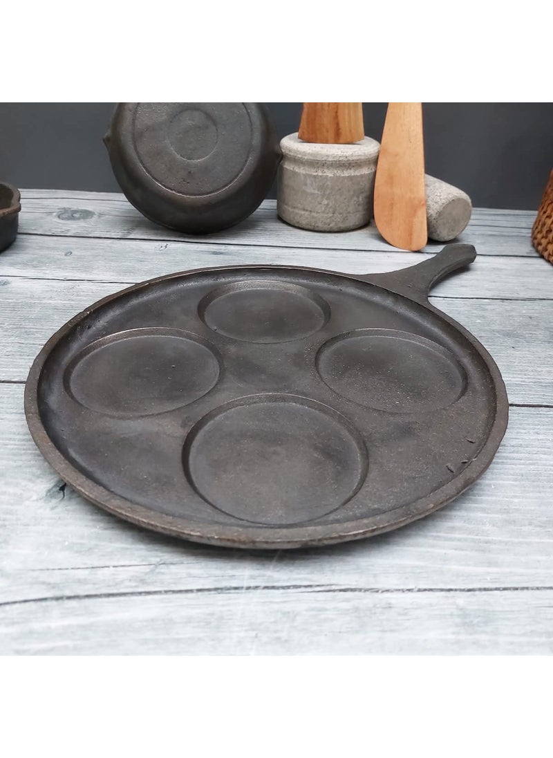 Zishta Zishta Cast Iron Mini Uttapam Pan Non Stick PreSeasoned Cast Iron Pan Uthappam Dosa Tawa Cast Iron Dosa Tawa Uthappam Pan with 4 Cavities and Handle Pancake Maker Naturally Non Stick Cookware  - Image 2