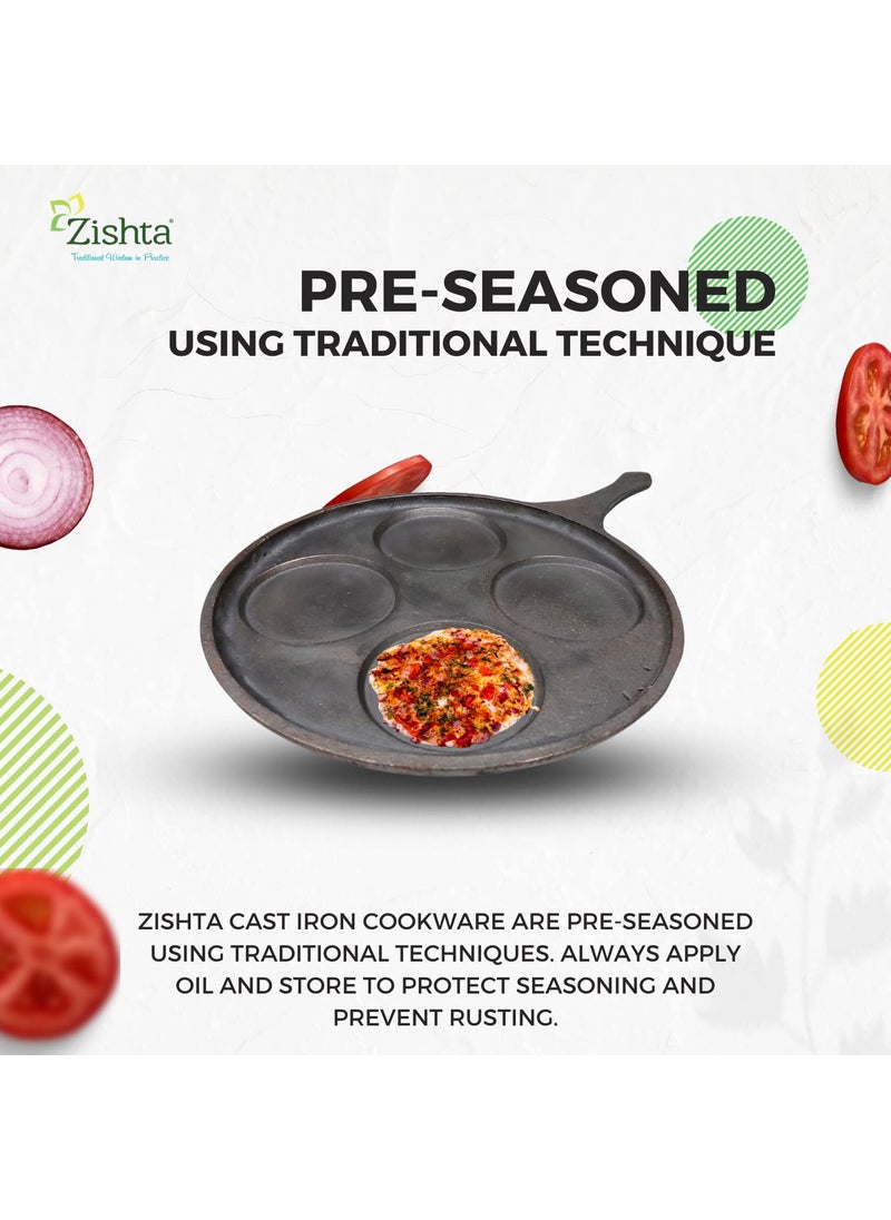 Zishta Zishta Cast Iron Mini Uttapam Pan Non Stick PreSeasoned Cast Iron Pan Uthappam Dosa Tawa Cast Iron Dosa Tawa Uthappam Pan with 4 Cavities and Handle Pancake Maker Naturally Non Stick Cookware  - Image 4