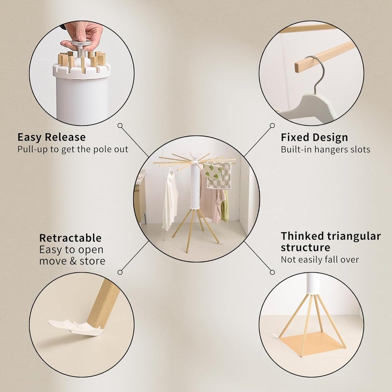 RFOUO Clothes Drying Rack 4 Legs,Laundry Hanger Dryer Rack,Portable Dry Rack,Foldable Drying Rack-Drying Rack Clothing Laundry Bedroom Household Wooden-12rods - Image 3