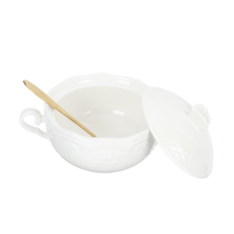 Ceramic Dessert Bowl with Lid and Dual Handles for Cereal Soup Milk Breakfast Picnic - Image 2