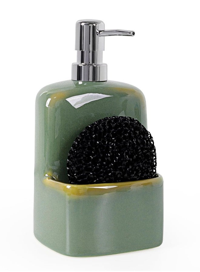 INGOFIN Kitchen Dish Soap Dispenser with Sponge Holder, 2-in-1 Ceramic Refillable Hand Soap Bottle & Sponge Caddy Set, for Kitchen Sink Organizer and Bathroom, Green - Image 1