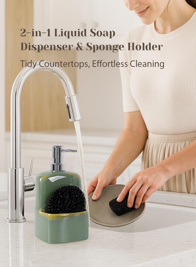 INGOFIN Kitchen Dish Soap Dispenser with Sponge Holder, 2-in-1 Ceramic Refillable Hand Soap Bottle & Sponge Caddy Set, for Kitchen Sink Organizer and Bathroom, Green - Image 3