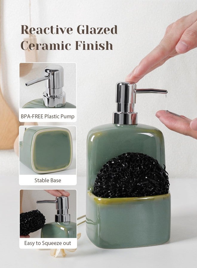 INGOFIN Kitchen Dish Soap Dispenser with Sponge Holder, 2-in-1 Ceramic Refillable Hand Soap Bottle & Sponge Caddy Set, for Kitchen Sink Organizer and Bathroom, Green - Image 4