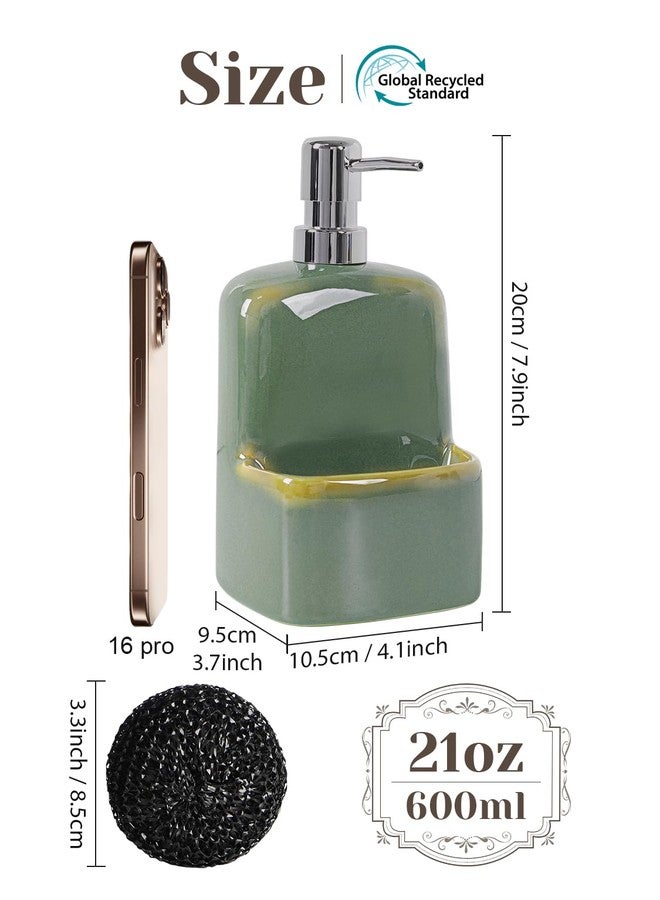 INGOFIN Kitchen Dish Soap Dispenser with Sponge Holder, 2-in-1 Ceramic Refillable Hand Soap Bottle & Sponge Caddy Set, for Kitchen Sink Organizer and Bathroom, Green - Image 2
