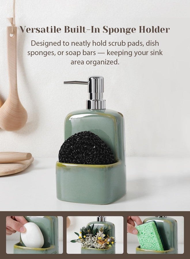 INGOFIN Kitchen Dish Soap Dispenser with Sponge Holder, 2-in-1 Ceramic Refillable Hand Soap Bottle & Sponge Caddy Set, for Kitchen Sink Organizer and Bathroom, Green - Image 5