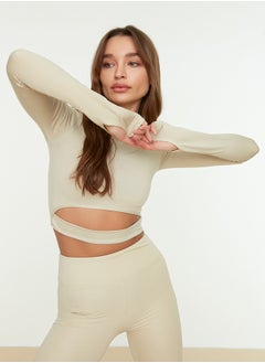 trendyol Stone Crop Window/Cut Out and Thumb Hole Detail Knitted Sports Top/Blouse TWOAW21BZ0156  - Image 2